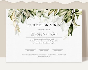 Greenery Child Dedication Certificate Template, Baby Dedication, Editable Baby Christening Printable Baptism Certificate Download Jet261