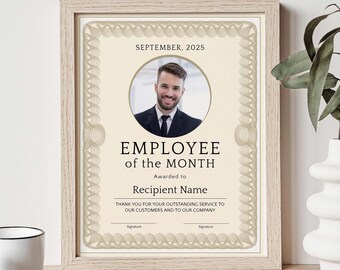 Employee of the Month, Photo Employee Appreciation Certificate Template, Company Award, Editable Gift Certificate Download, Jet316