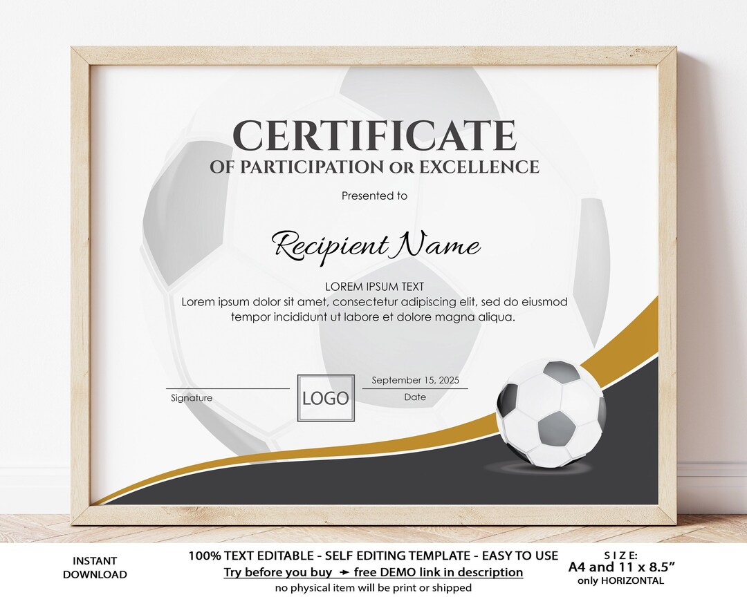 Editable Soccer Football Certificate Template Sports Etsy Ireland