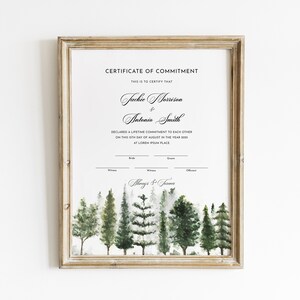 Verlobungszeremonie Zertifikat Vorlage, bearbeitbare Verlobungsurkunde, Aquarell Natur Holz Bäume, Hochzeitsgeschenk Download Jet211 Bild 4