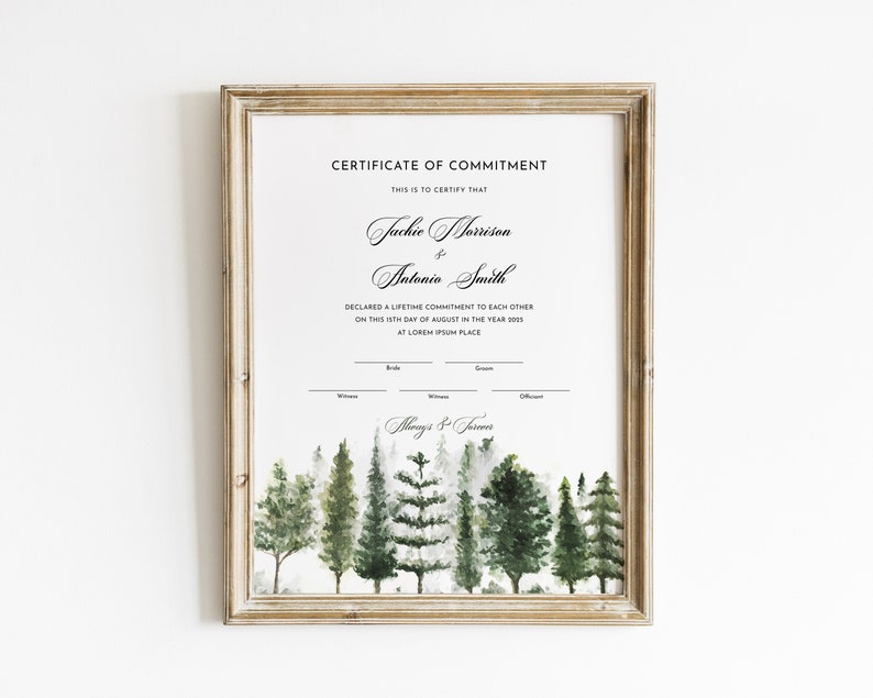 Verlobungszeremonie Zertifikat Vorlage, bearbeitbare Verlobungsurkunde, Aquarell Natur Holz Bäume, Hochzeitsgeschenk Download Jet211 Bild 4