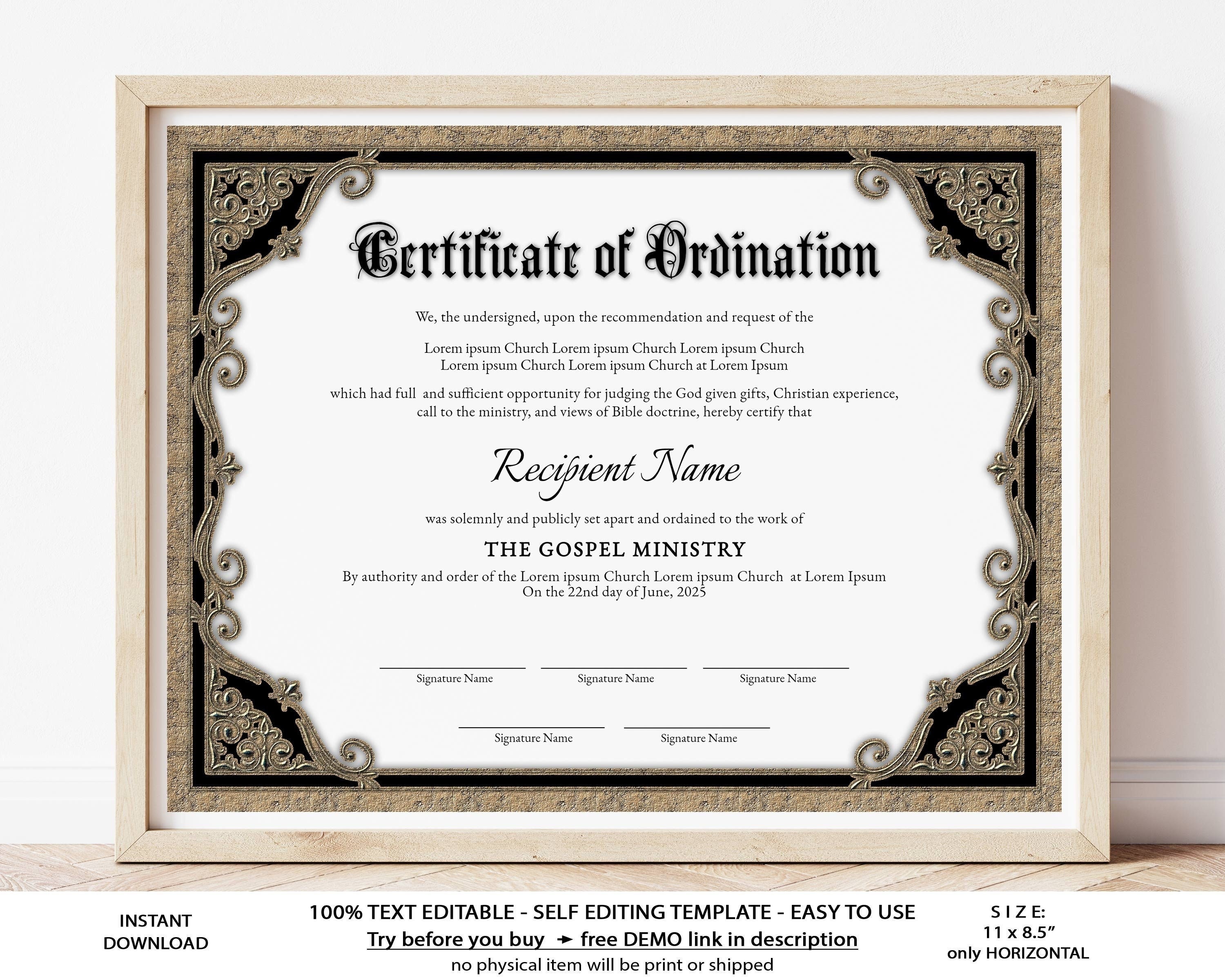 Editable Ordination Certificate Template, Printable Certificate of  Ordination, Credential of Ministry Certificate, Instant Download, Jet21 In Christian Certificate Template