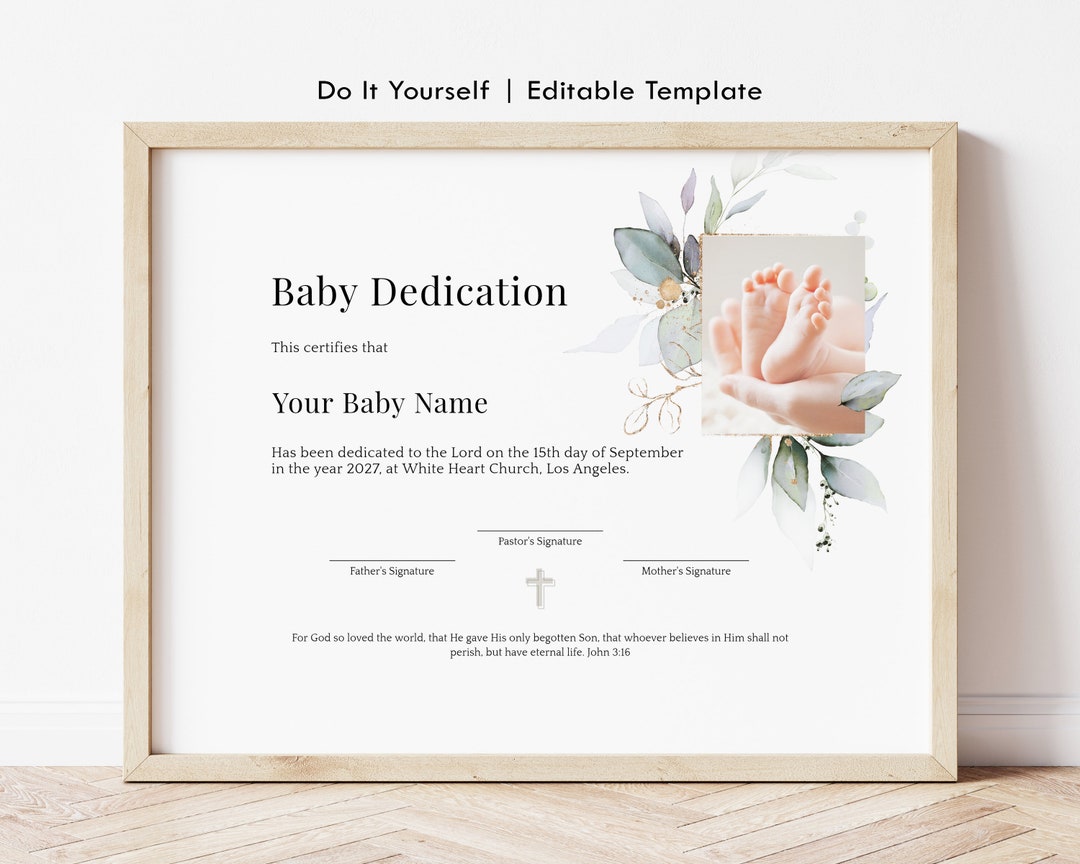 Editable Baby Dedication Keepsake Certificate Template, Baby