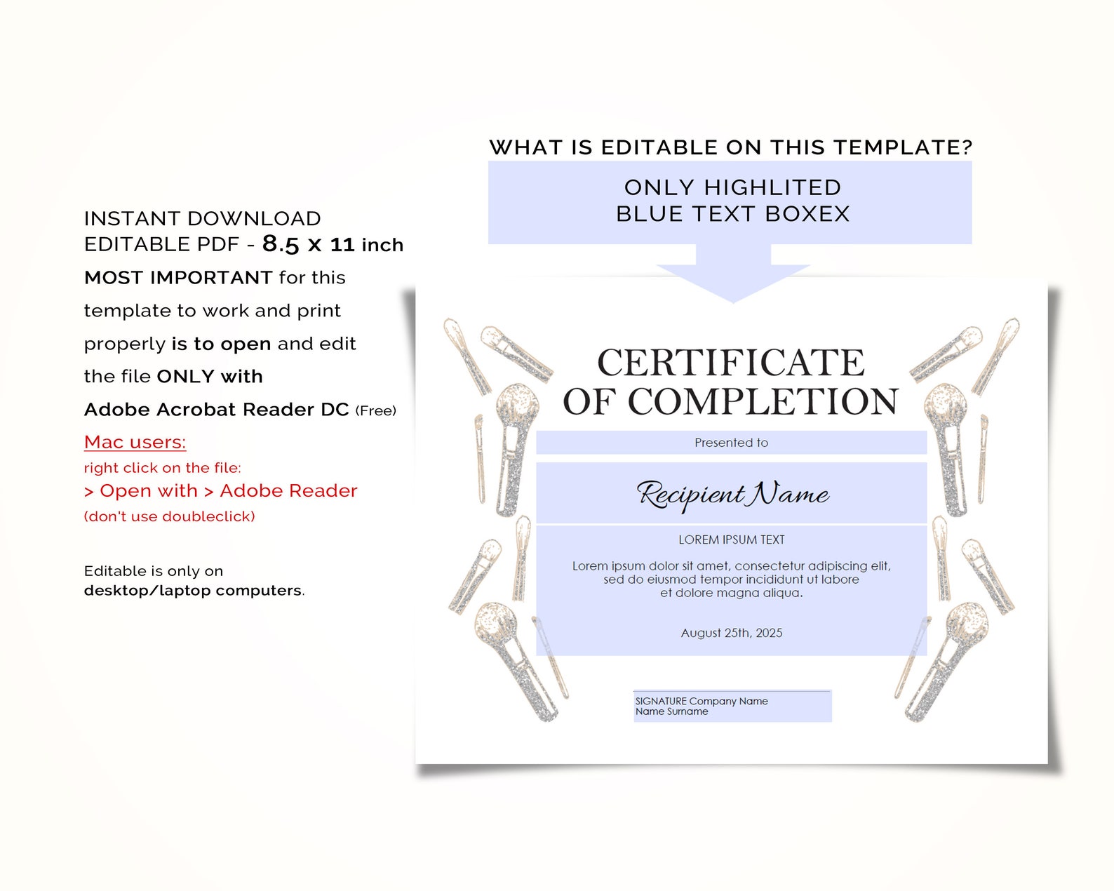 MakeUp Certificate Template Editable Certificate of | Etsy