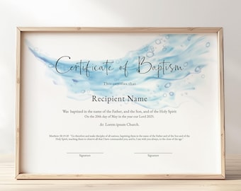 Editable Baptism Certificate Template, Printable Minimalist Certificate of Baptism, Water Background Certificate Instant Download, Jet040