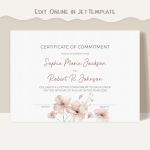 Certificado de Compromiso Editable, Plantilla de Certificado Imprimible, Certificado de Ceremonia de Compromiso, Certificado de Matrimonio (Descarga Jet085)