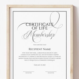 Modelo de certificado de membro vitalício editável, certificado elegante de membro vitalício para impressão, design minimalista, download digital, Jet043