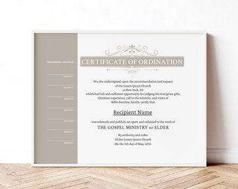 Editable Ordination Certificate Template, Printable Certificate of Ordination Gospel Ministry Elder Certificate Download Jet071