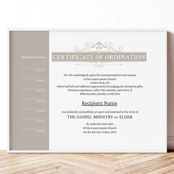 Editable Ordination Certificate Template, Printable Certificate of Ordination Gospel Ministry Elder Certificate Download Jet071