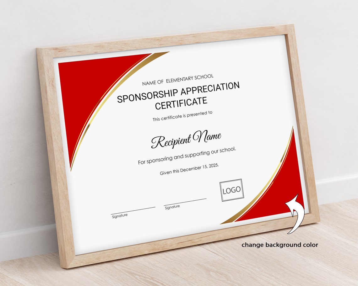 Sponsorship Appreciation Certificate Template EDITABLE Etsy Australia