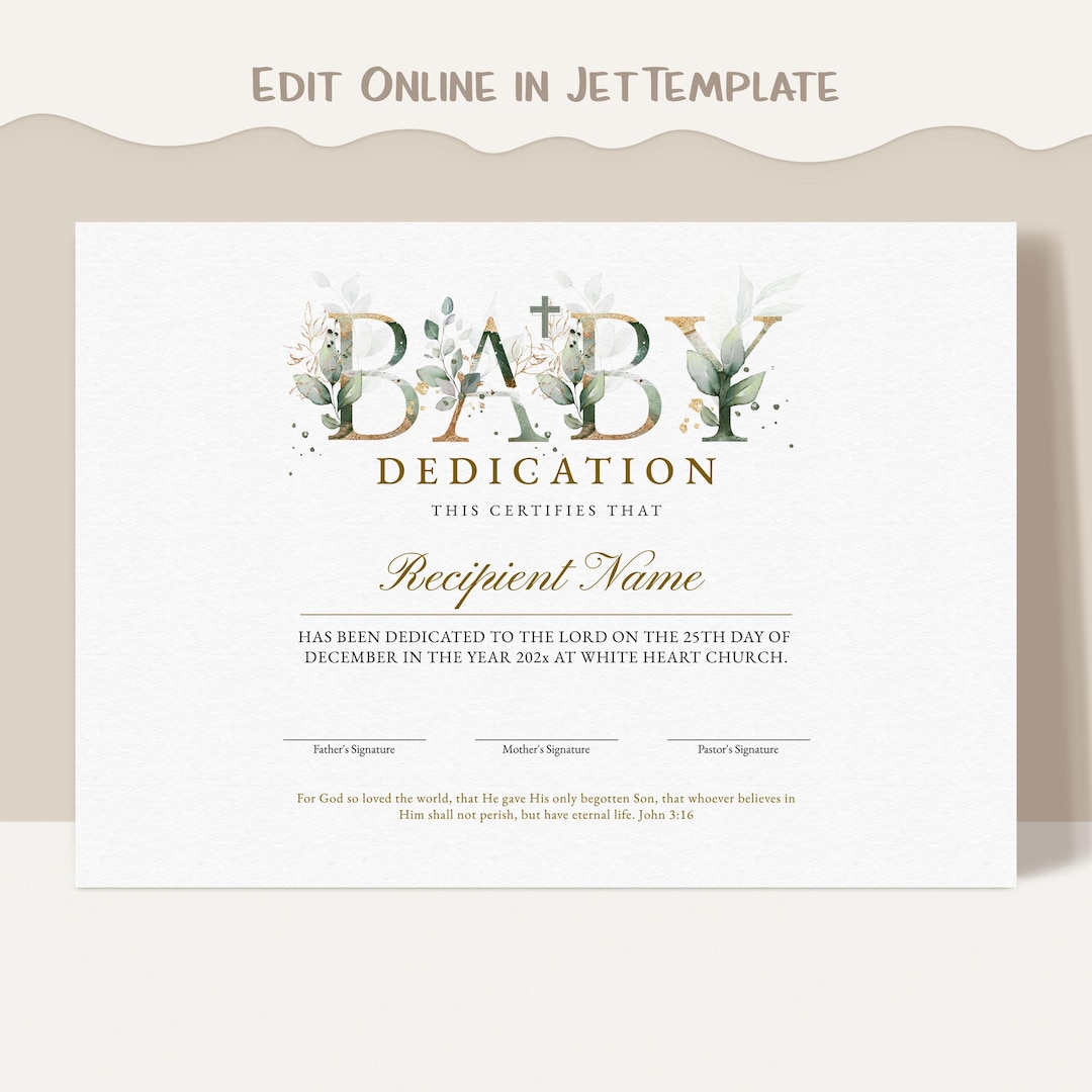 Baby Dedication Certificate Template Baby Dedication Editable ...
