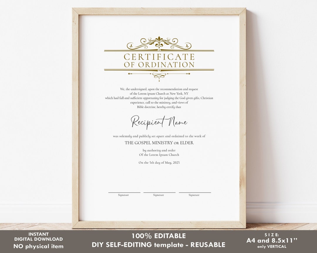 Editable Ordination Elder Certificate Template, Printable Minimalist