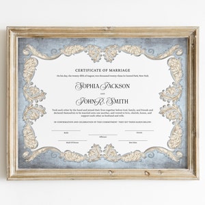 Dusty Blue Vintage Fairytale Wedding Certificate Template, Editable