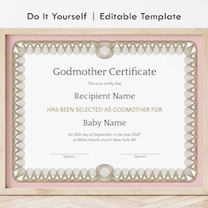Plantilla de certificado de madrina, regalo personalizado para madrina, certificado de bautismo de padrinos editable, descarga Jet316