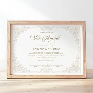 Elegant Certificate of Vow Renewal, Editable Printable Certificate Template Wedding Anniversary Gift Renewal of Wedding Vows Download Jet216