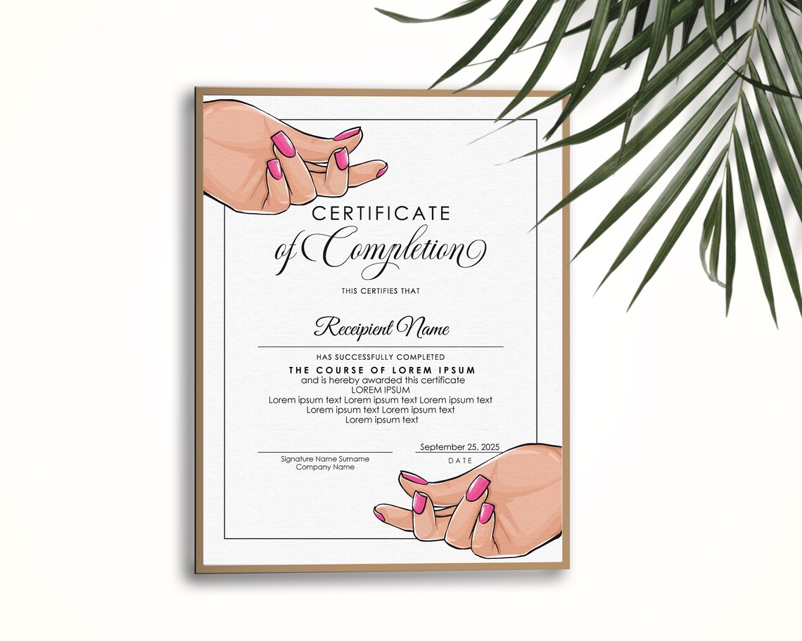 EDITABLE Nail Certificate of Completion Beauty Manicure Nails Etsy