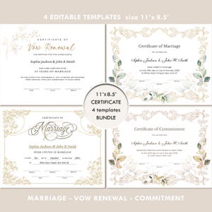 Bearbeitbares Hochzeitszertifikat-Vorlagenpaket, druckbare Heiratsurkunden, Verlängerung des Hochzeitsgelübdes, Officiant Zubehör Digitaler Download 010B