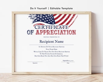 American Veterans Appreciation Certificate Honoring Military Service Appreciation, American Flag, Patriot Day Certificate Download Jet009