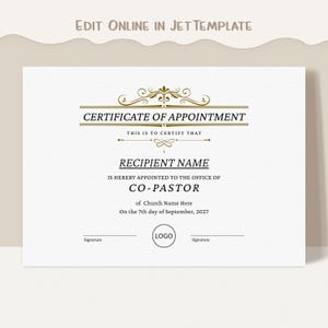 Editable Appointment Certificate, Printable Bishop Pastor Appointed Certificate Template, Minimalist Certificate Instant Download Jet021