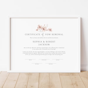 Plantilla de certificado de renovación de votos, regalo romántico de renovación de votos matrimoniales, certificado de renovación de votos matrimoniales editable e imprimible, descarga Jet196