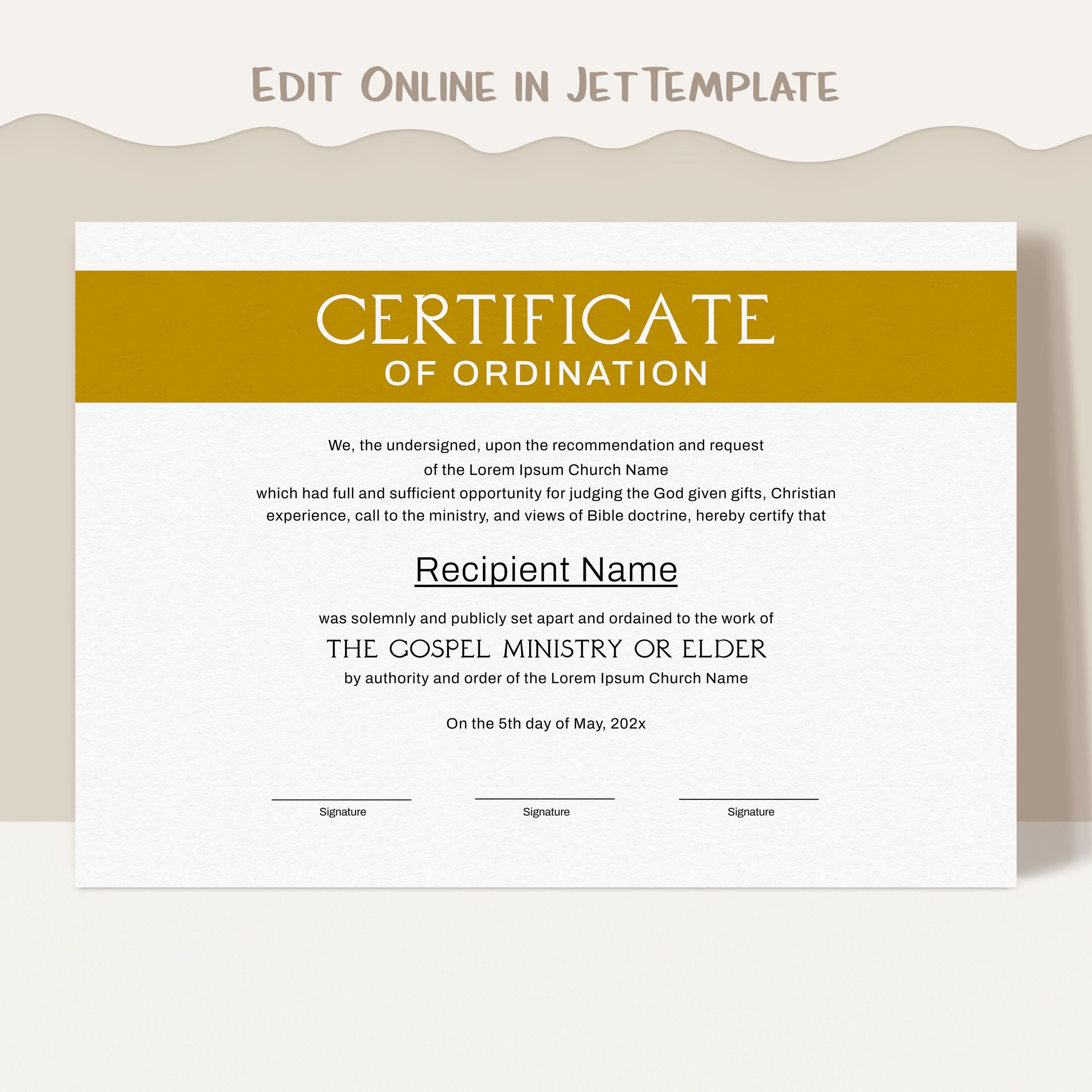 Editable Ordination Application Form Editable Ordination Certificate Template, Printable Certificate of ...
