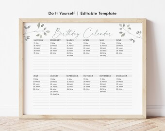 Editable Printable Perpetual Birthday Calendar Minimalist Calendar Reusable Template Birthday Reminder Calendar Greenery Download Jet182