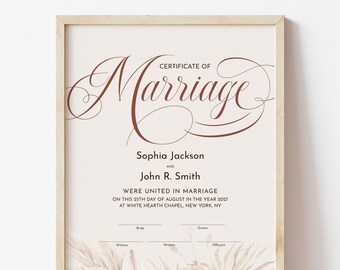 Modern Boho Wedding Certificate Template, Editable Printable Certificate of Marriage Keepsake, Wedding Gift Digital Download, Jet130