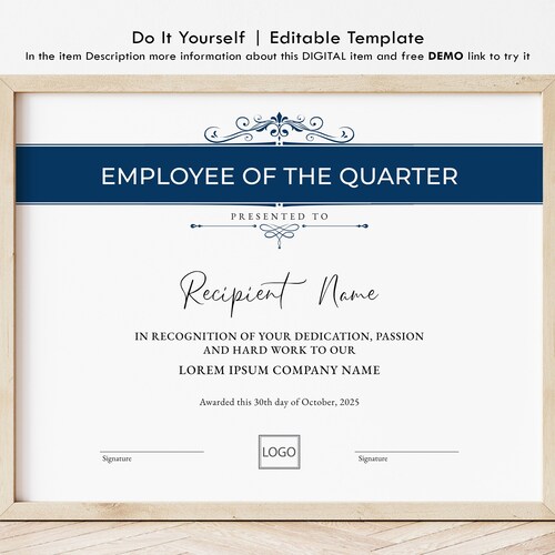 EDITABLE Employee of the Quarter Printable Office Printable - Etsy