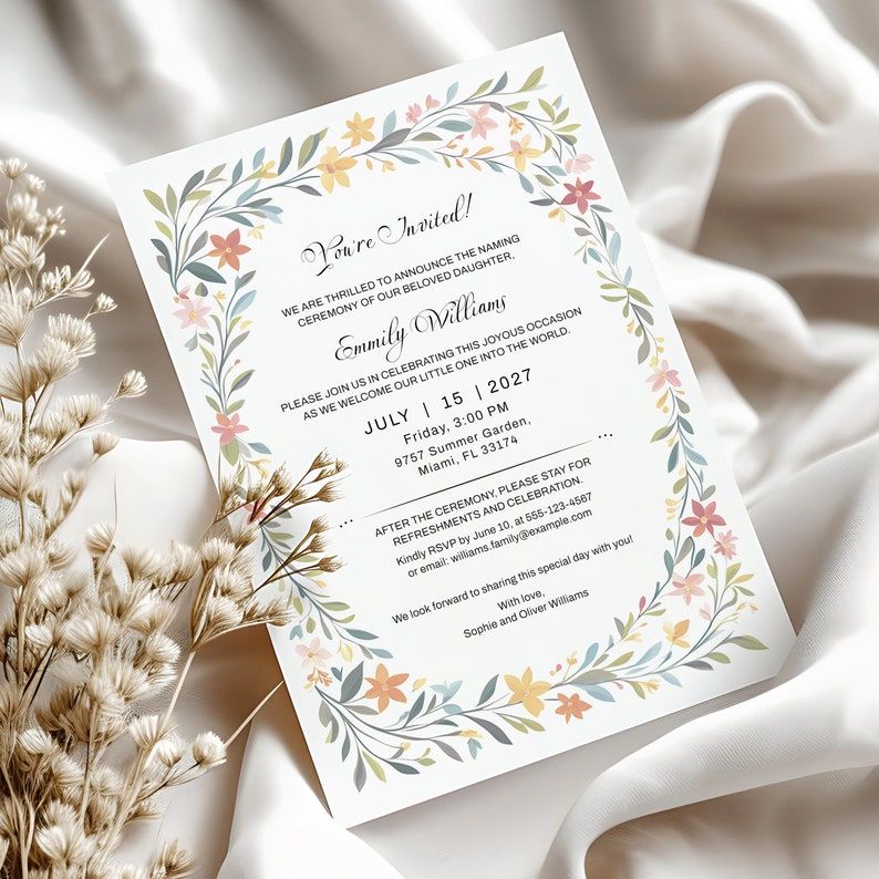 Baby Naming Ceremony Invitation Template Editable Printable Naming Ceremony Invite Naming Day Invitation Cute Floral Frame Download