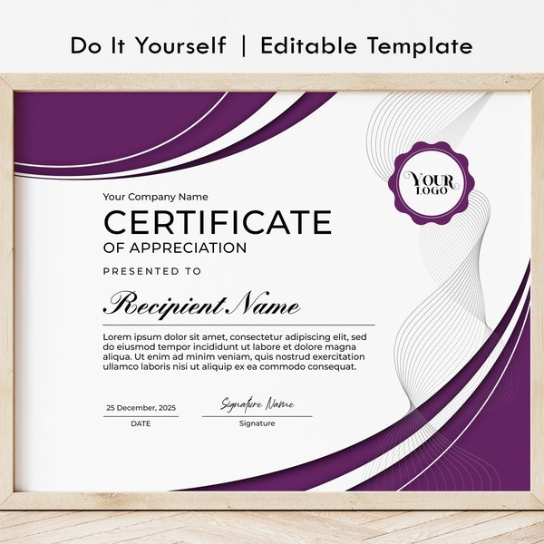 Purple Certificate of Appreciation, EDITABLE Appreciation Certificate Template, 14x11, 11x8.5 and A4 size Award Certificate Download Jet058