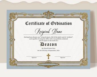 Certificaatsjabloon diakenwijding, afdrukbaar wijdingscertificaat, bewerkbaar ministeriecertificaat, gewijde minister, Jet144