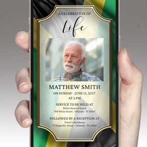 Puede incluir: Una tarjeta conmemorativa digital con una foto de un hombre con uniforme militar. La tarjeta está decorada con un marco dorado y un fondo verde, amarillo y negro. El texto dice "A Celebration of Life", "Matthew Smith", "On Sunday - June 13, 2027 at 2 PM", "Service to be held at White Hearts Church 789 White Street - Orlando - FL 34567", y "Followed by a reception at Trevor's Residence 77 Magnolia Street - Orlando - FL 34567".