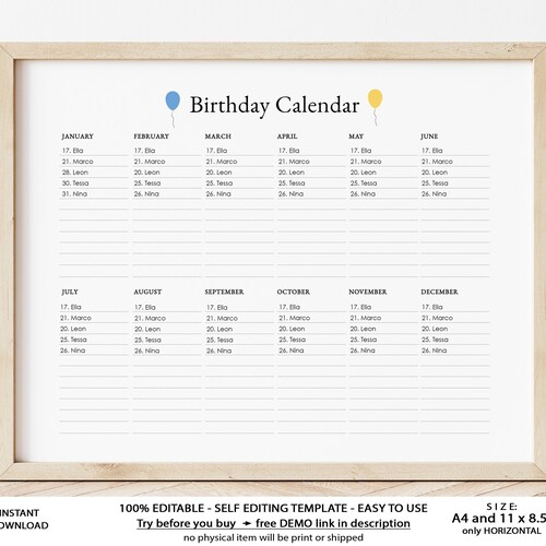 Monthly Birthday Reminder Calendar - Etsy