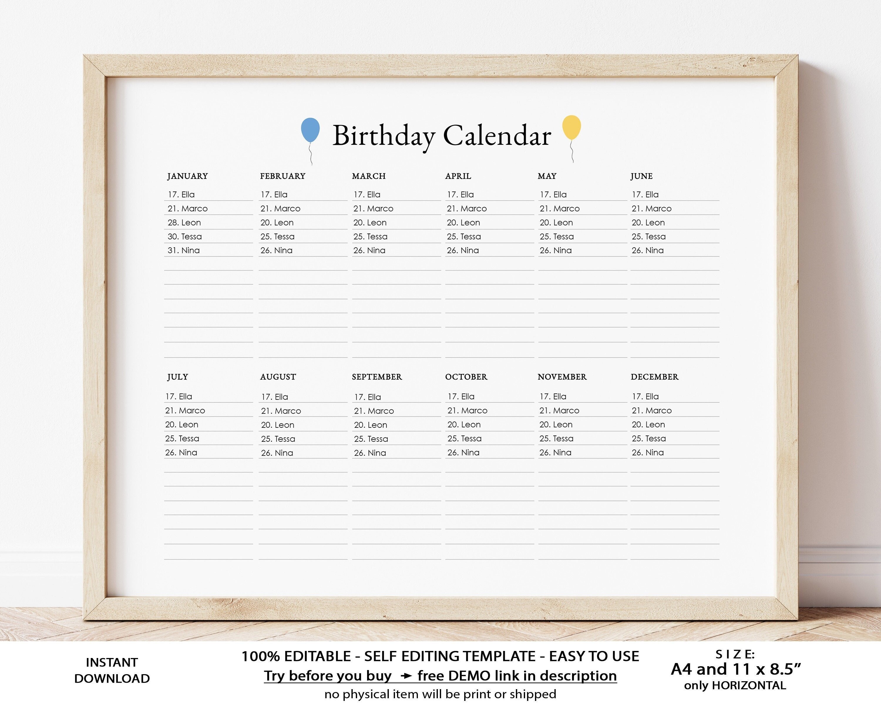Editable Printable Perpetual Birthday Calendar Minimalist - Etsy