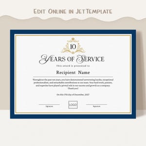 10 Jahre Service-Zertifikat, 10-jährige Arbeit Zertifikat zur Anerkennung von Mitarbeitern EDITIERBARE Zertifikatvorlage Download Jet356