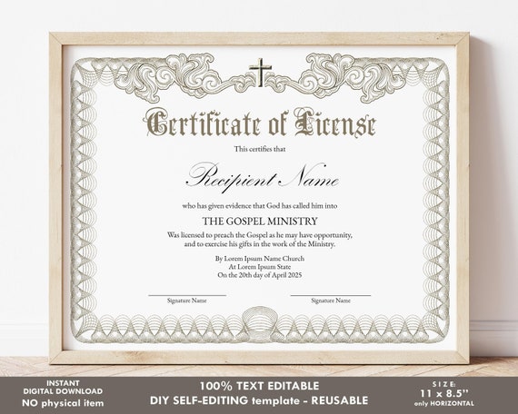 Editable License to Preach Template Printable Certificate of - Etsy