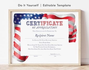 American Appreciation Certificate, Honoring Military Service Appreciation, Veteran's Certificate, Patriot Day Certificate Download Jet159