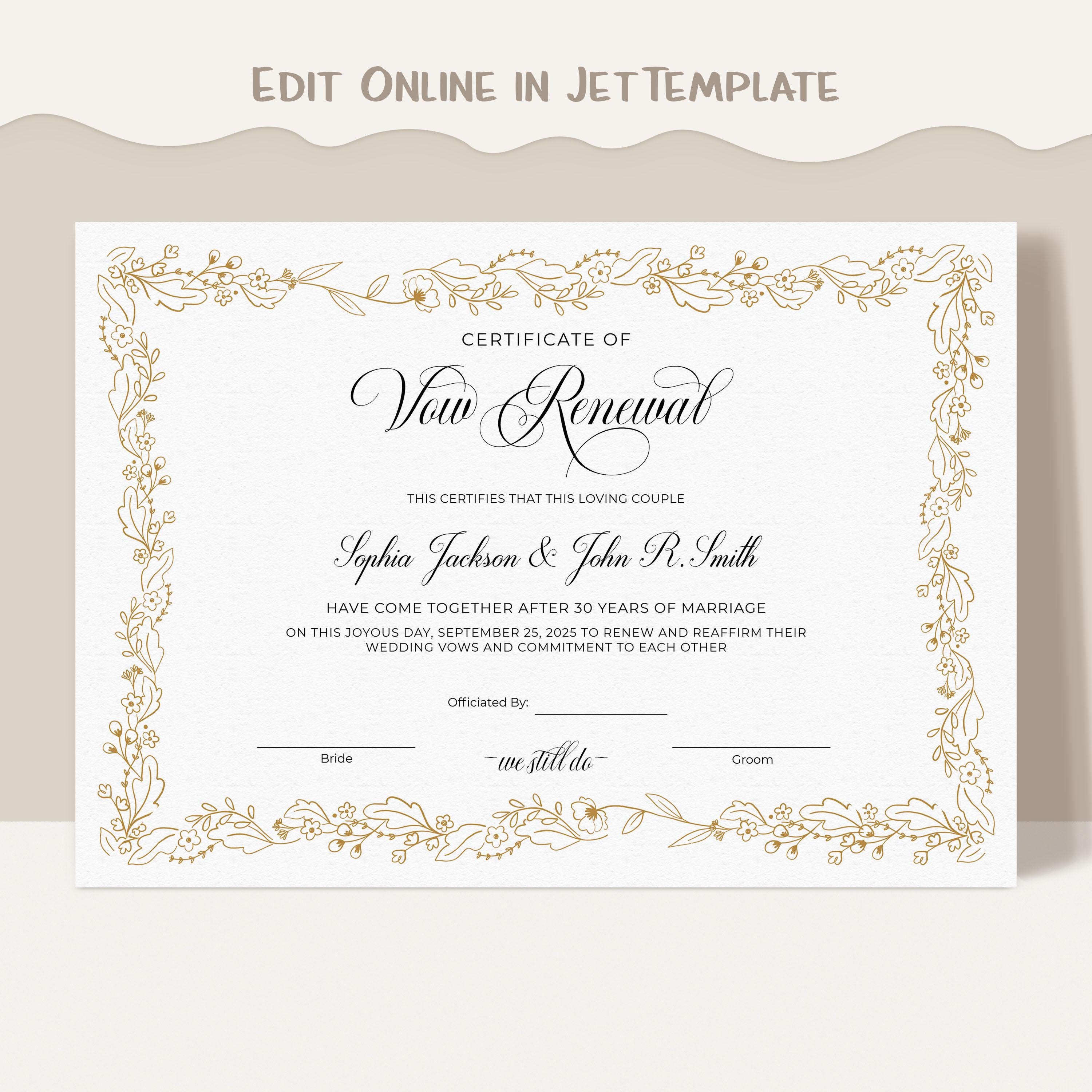Vow Renewal Certificate, Editable Printable Wedding Certificate Template, Vow  Renewal Gift Marriage Vow Renewal Certificate Download Jet212 - Etsy, image size:3000x3000
