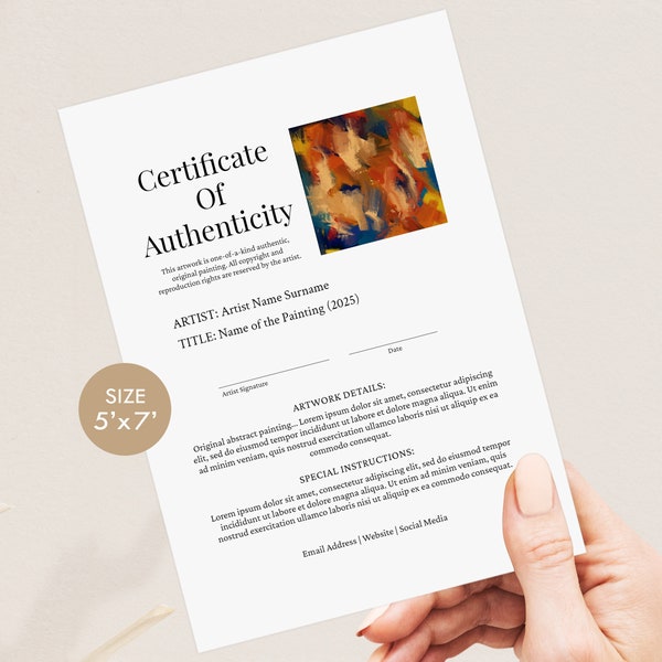 Editable Certificate of Authenticity Photo Template, COA Authenticity for Artwork Artist Certificate 5'x7' Digital Download Jet184