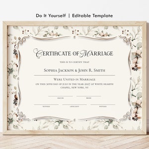Plantilla de certificado de matrimonio rústico conmemorativo. Certificado de matrimonio editable. Certificado de regalo de boda conmemorativo. Descargar 221.