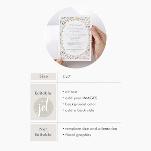 May include: A 5x7 inch rectangular invitation card featuring a floral border with pink, yellow, and blue flowers and green leaves. The text includes 'You're Invited', 'Emily Williams', and event details. The template allows editing text and images.