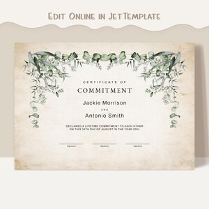 Vintage Commitment Andenken Zertifikat, bearbeitbare Hochzeitszertifikat Vorlage, druckbare Engagement Ceremony Download Jet050