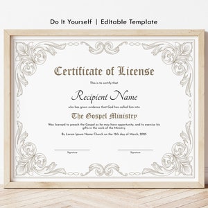 Plantilla editable de certificado de licencia para predicar, licencia de ministro, elegante plantilla de certificado de ordenación, descarga digital Jet187