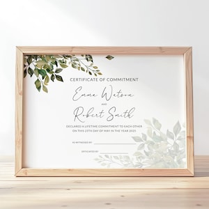 Modern Commitment Certificate Template, Editable Printable Greenery Certificate of Commitment Template, Wedding Gift  Download Jet011