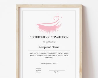 Minimalist Lashes Certificate of Completion, Editable Printable Lash Course Certificate Template, DIY Beauty Award Digital Download Jet105