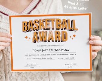 Basketprisintyg, utskrivbart idrottsligt prestation vid säsongsslutet, spelarerkännande, US Letter & A4, direktnedladdning