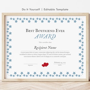 Best Boyfriend Ever Award Certificate Template, Printable Editable ...