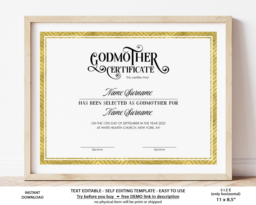 Editable Godmother Godfather Godparents Certificate Template, Printable ...