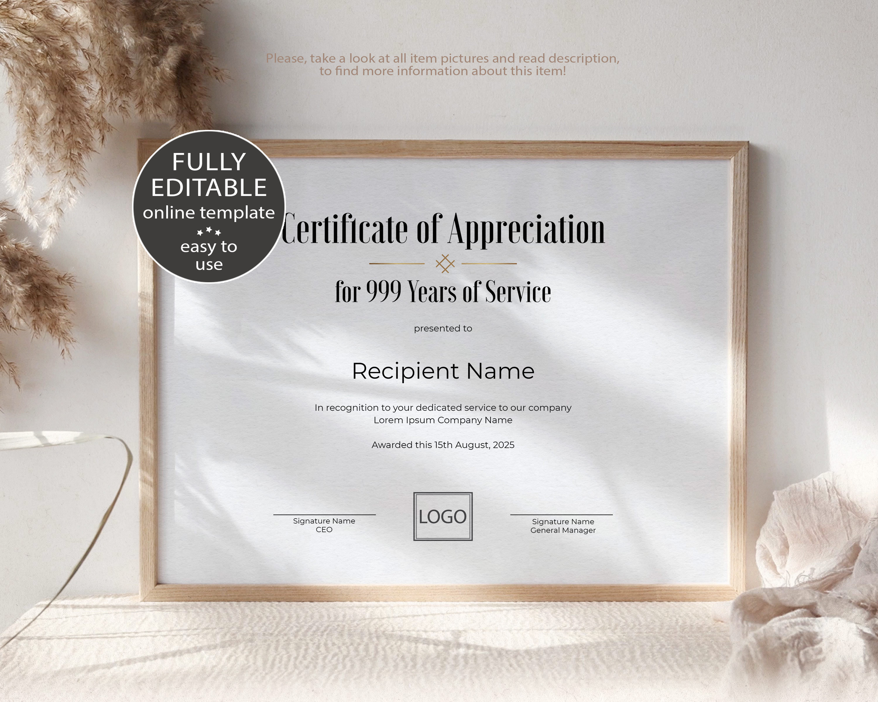 Editable Years of Service Certificate of Appreciation Template, Printable  Corporate Employee Award, Minimalist Certificate Download, Jet22 With Regard To Employee Anniversary Certificate Template