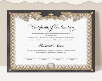 Ordination Certificate Template Editable Minister Certificate of Ordination, Ordained Pastor Ministry Certificate Classic Calligraphy Jet355